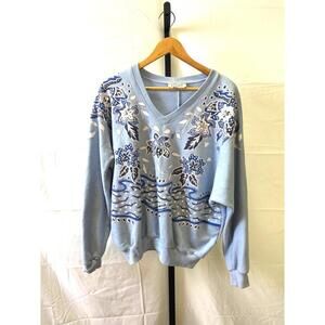 rafael XL  Light Blue Floral Pattern V-Neck Sweater Sweatshirt